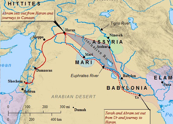 Abraham's journey from Ur to Canaan, via Haran in northern Mesopotamia.