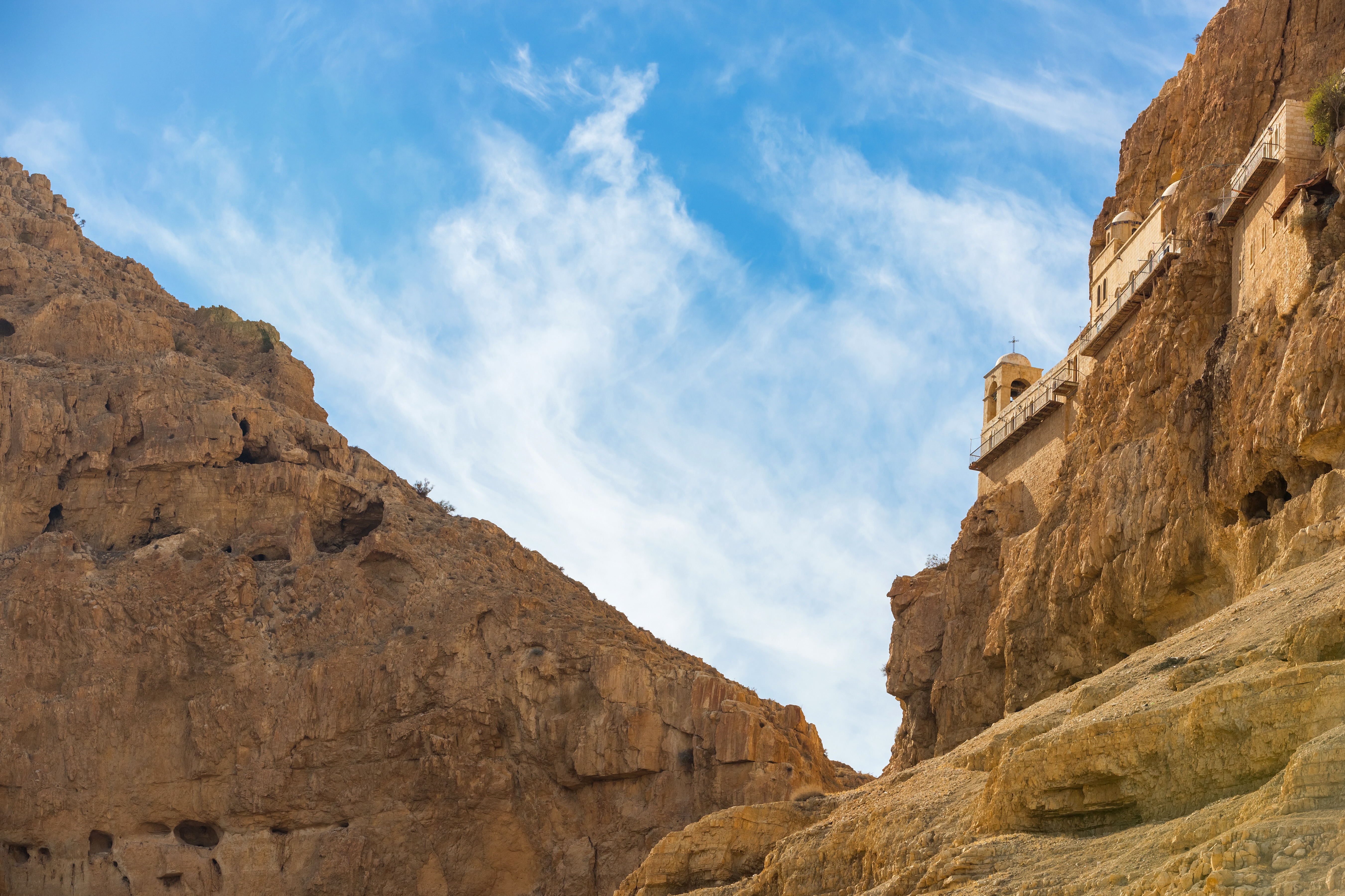 The monastery of Temptation in Jericho. The ancient roads plummeted through the desert cliffs to reach Jericho on the plain.