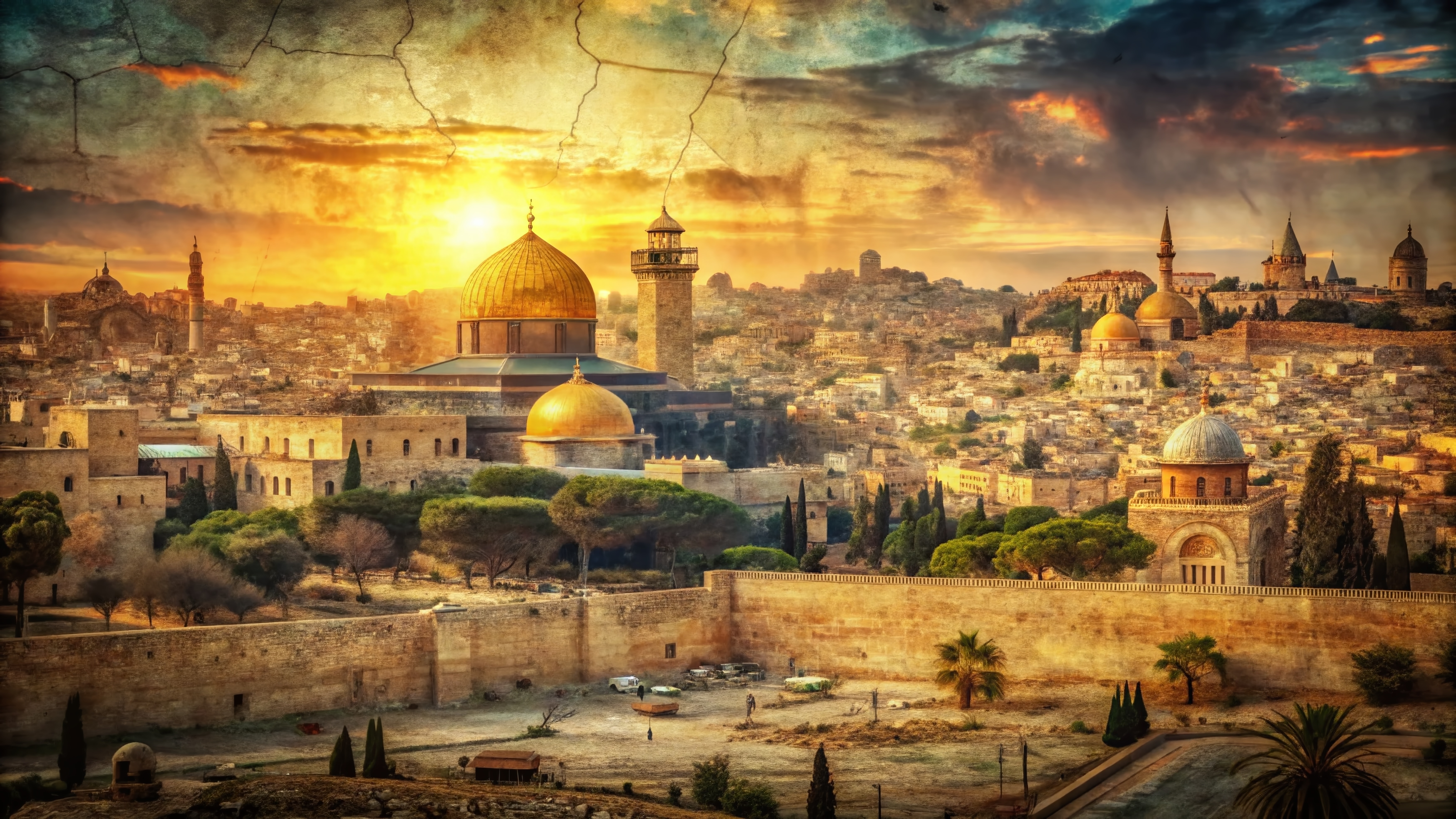 A cityscape of ancient Jerusalem featuring the Dome of the Rock and Tower of David. The Dome of the Rock stands on the Temple Mount built by Solomon, and later expanded greatly under king Herod.