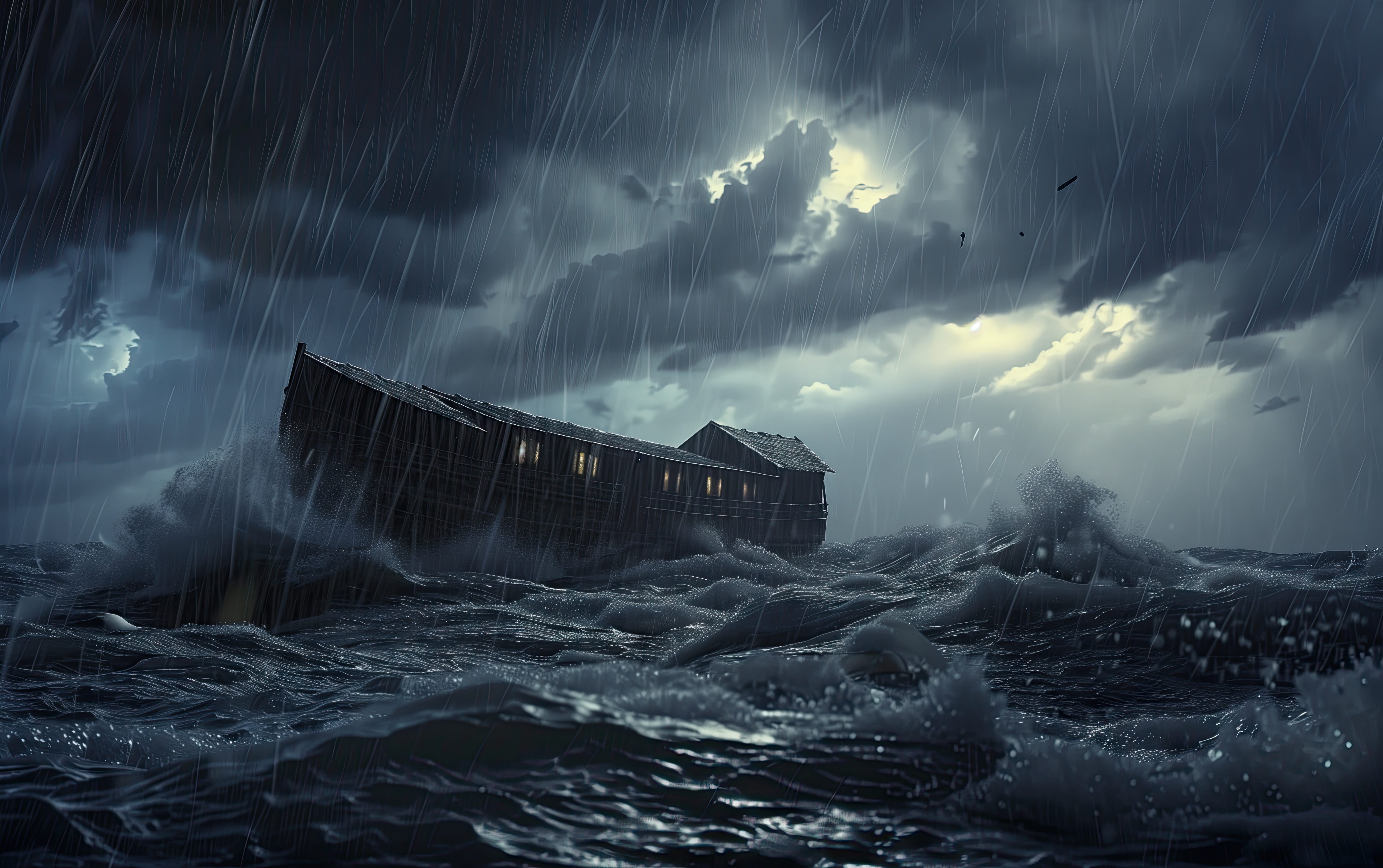 Noah's ark battles the raging waters.