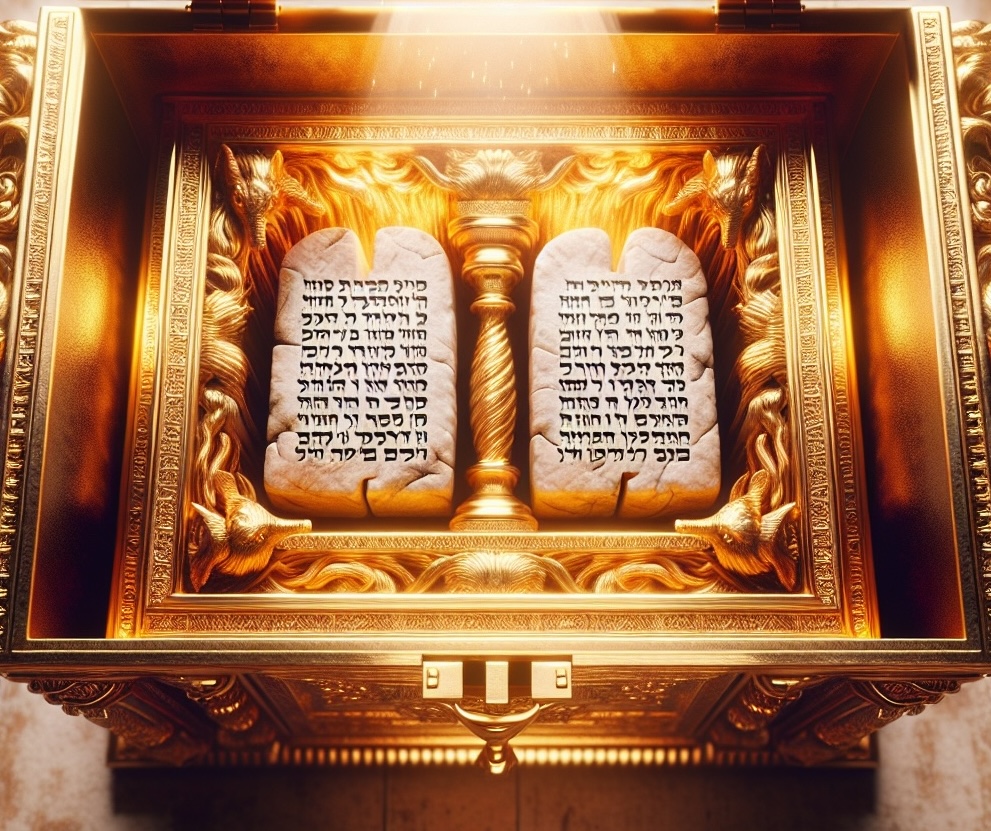 Inside the ark of the covenant were the two stone tablets of the Ten Commandments and the Law.